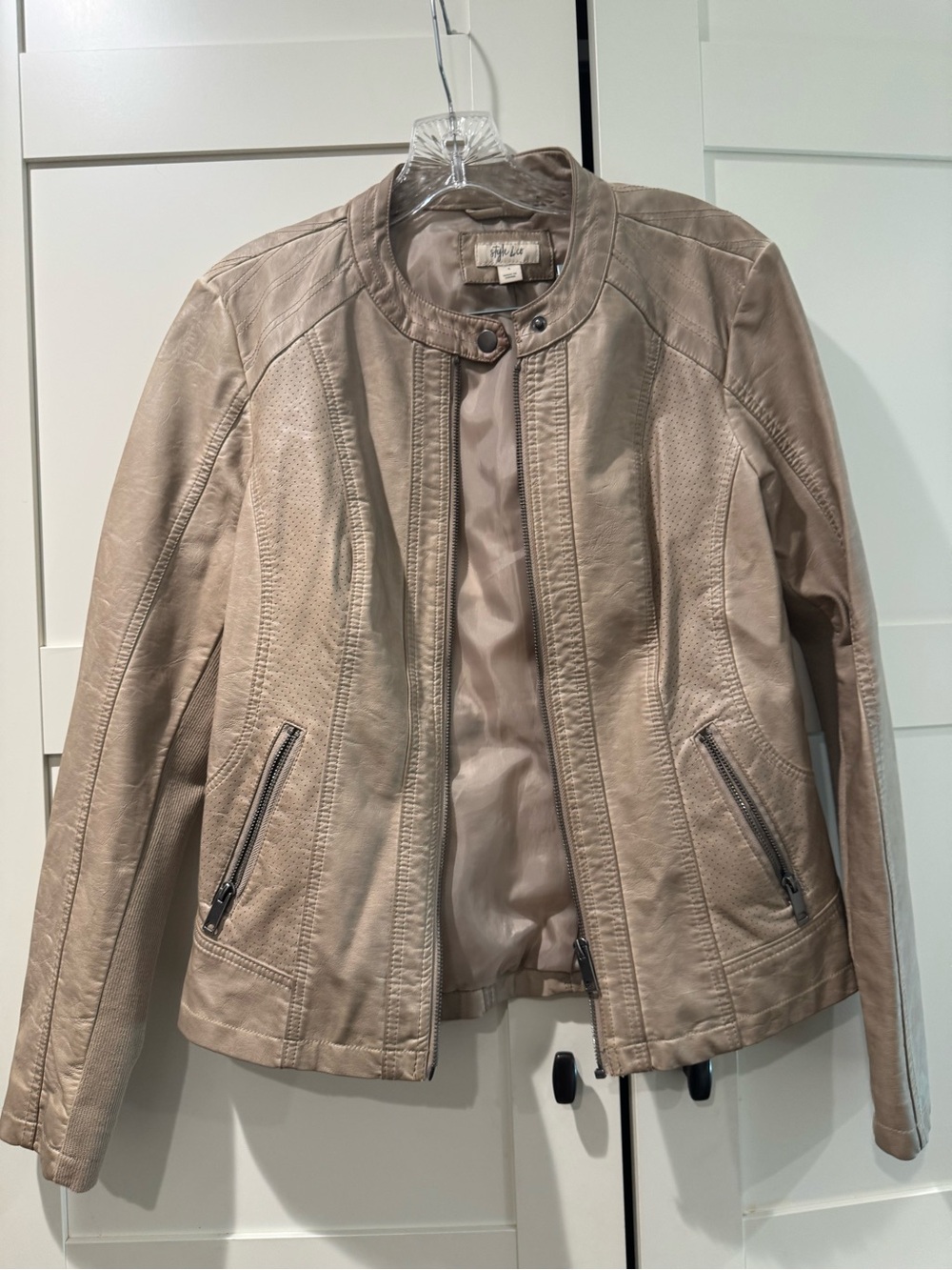 Style & Co. Women's Taupe Faux Leather Moto Jacket with Perforated Panels